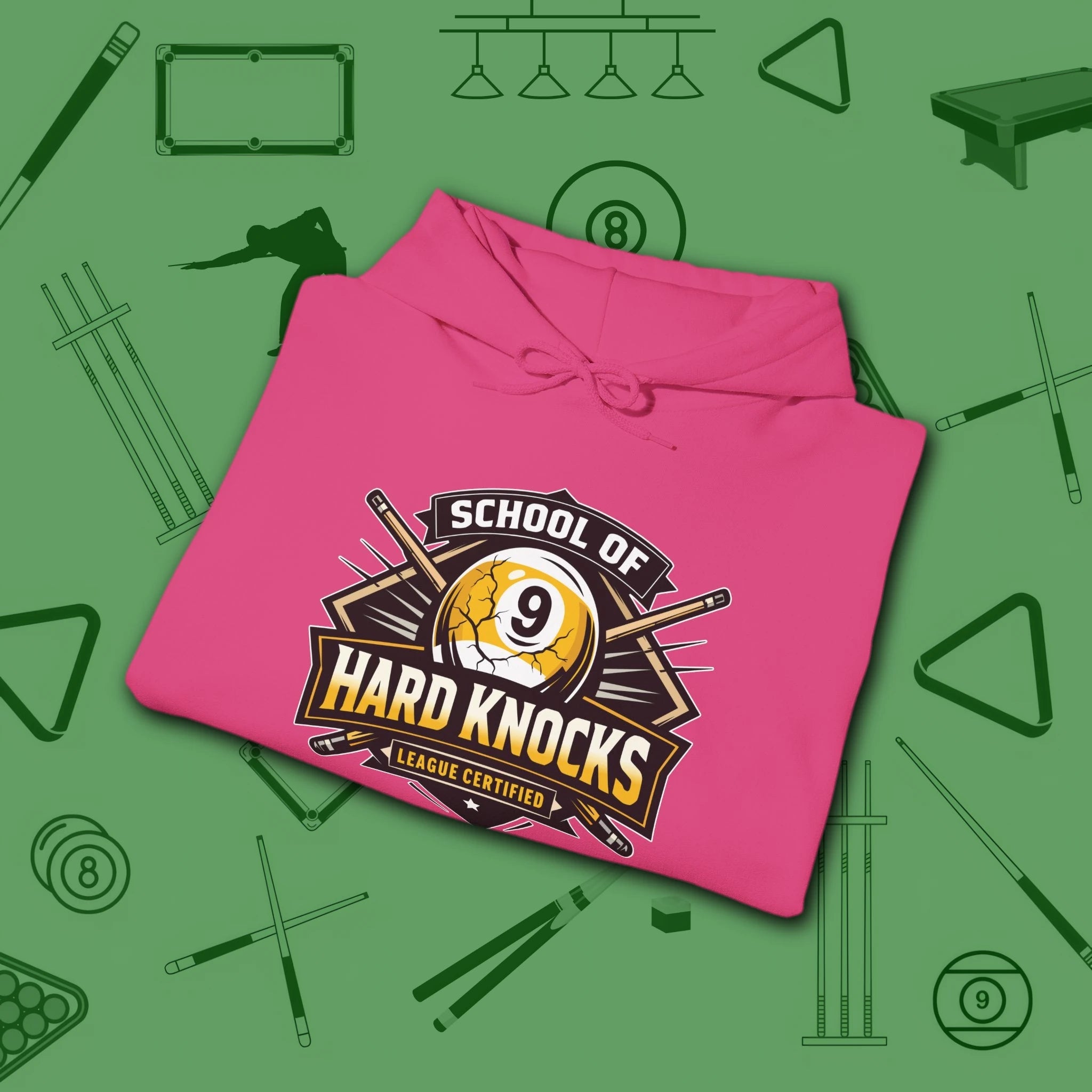 School of Hard Knocks Hoodie, in Heliconia color, billiards hoodie, folded view