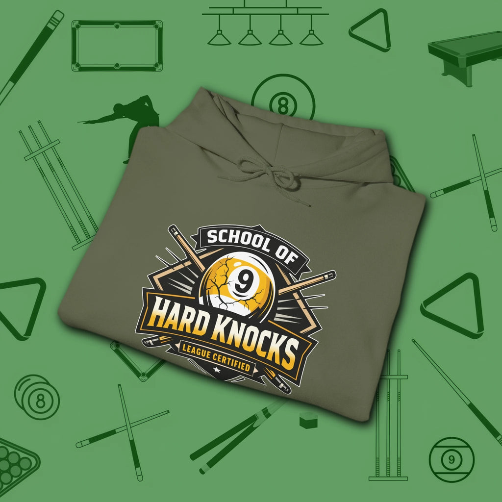 School of Hard Knocks Hoodie, in Military Green color, billiards hoodie, folded view