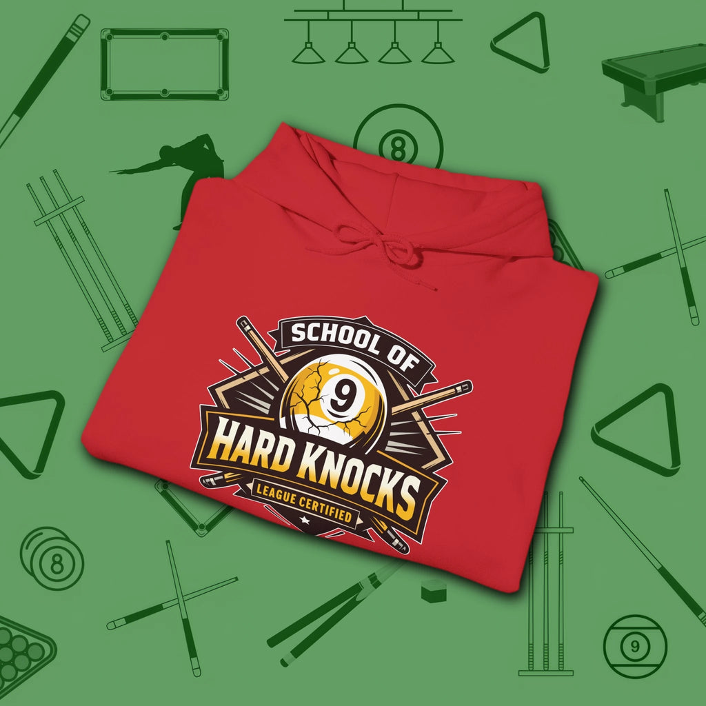 School of Hard Knocks Hoodie, in Red color, billiards hoodie, folded view
