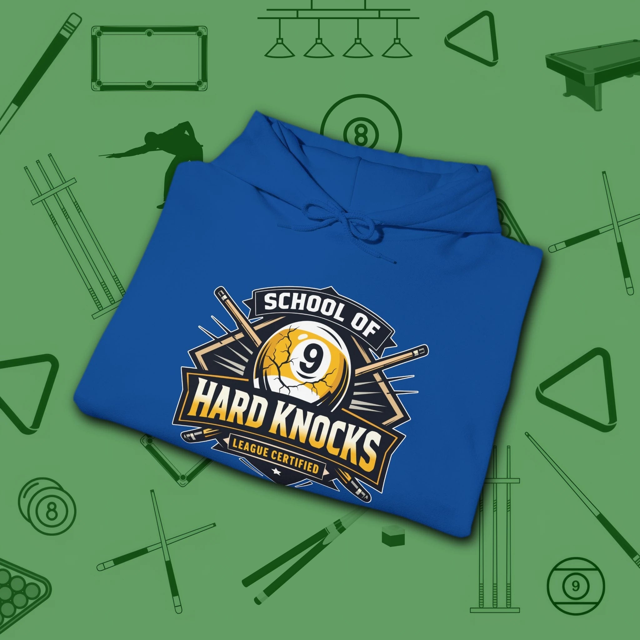 School of Hard Knocks Hoodie, in Royal color, billiards hoodie, folded view