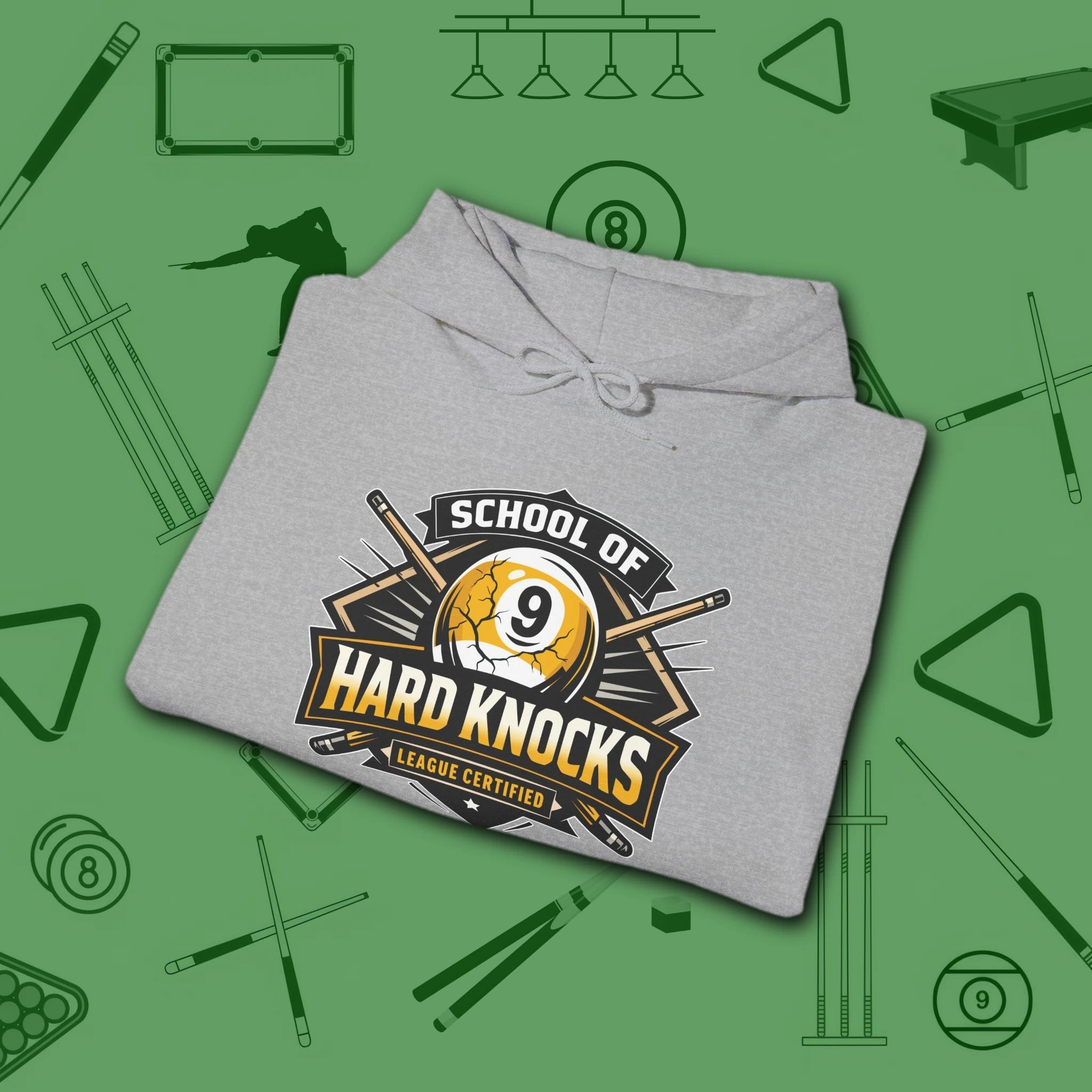 School of Hard Knocks Hoodie, in Sport Grey color, billiards hoodie, folded view