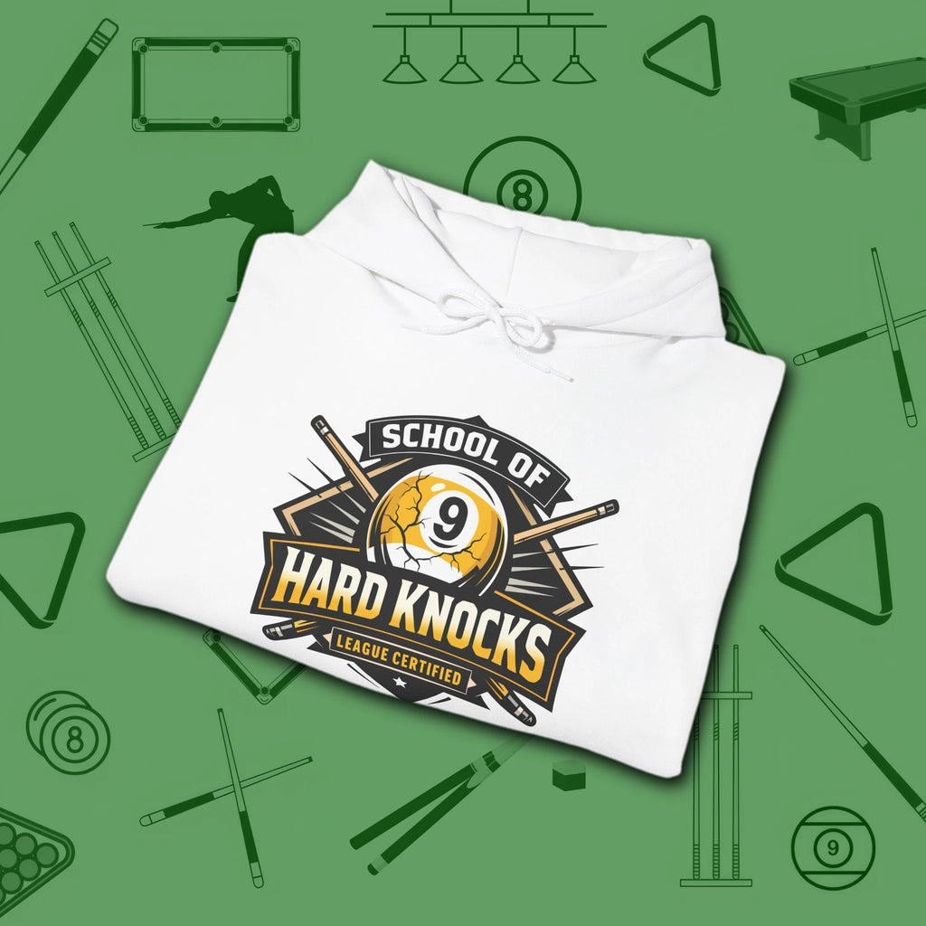School of Hard Knocks Hoodie, in White color, billiards hoodie, folded view