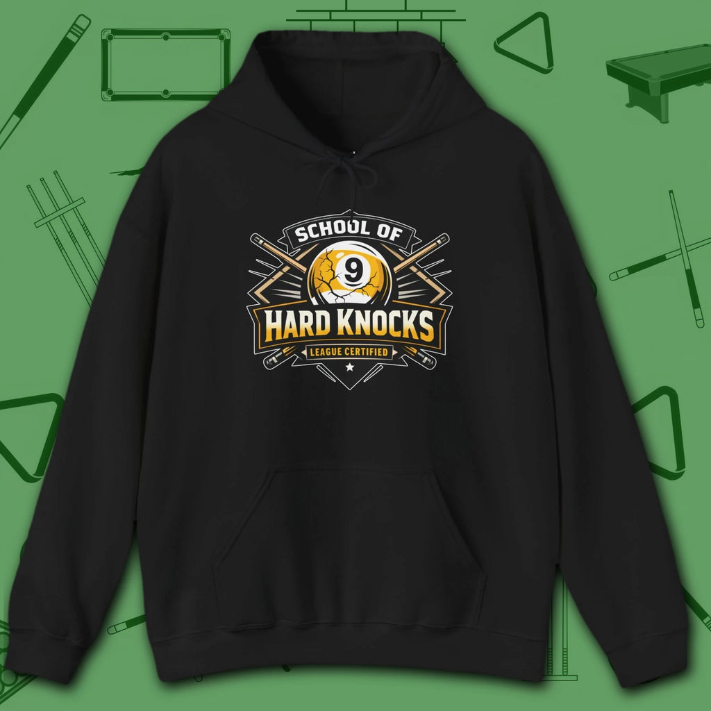 School of Hard Knocks Hoodie, in Black color, billiards hoodie, front view