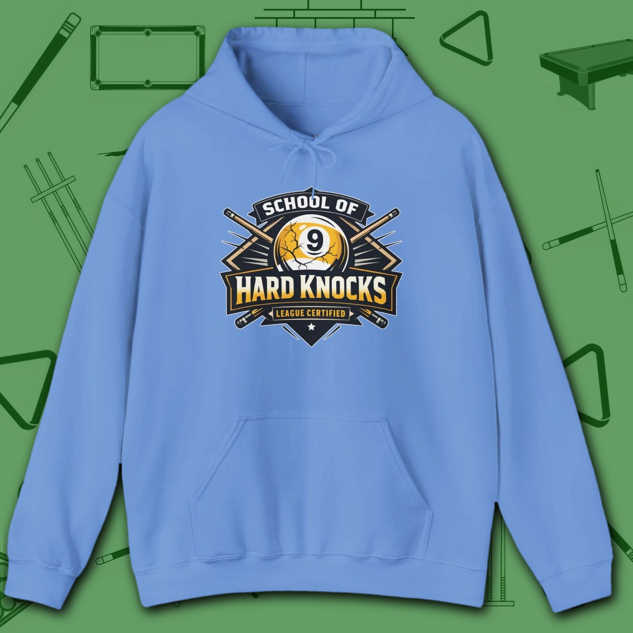 School of Hard Knocks Hoodie, in Carolina Blue color, billiards hoodie, front view