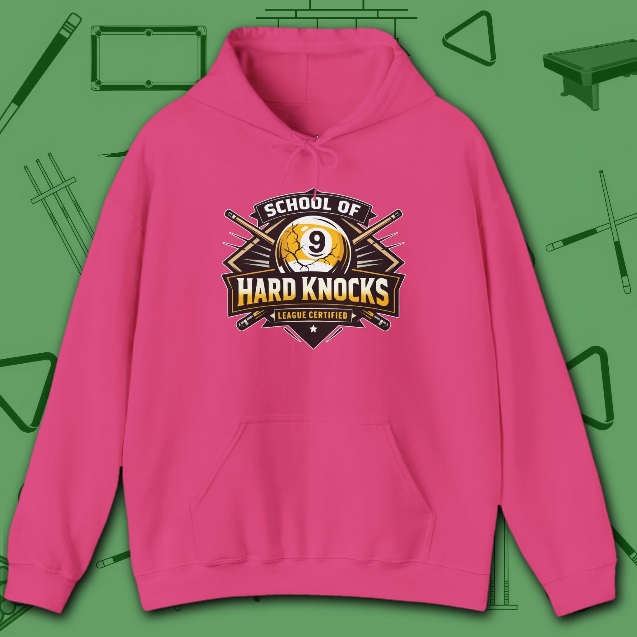 School of Hard Knocks Hoodie, in Heliconia color, billiards hoodie, front view