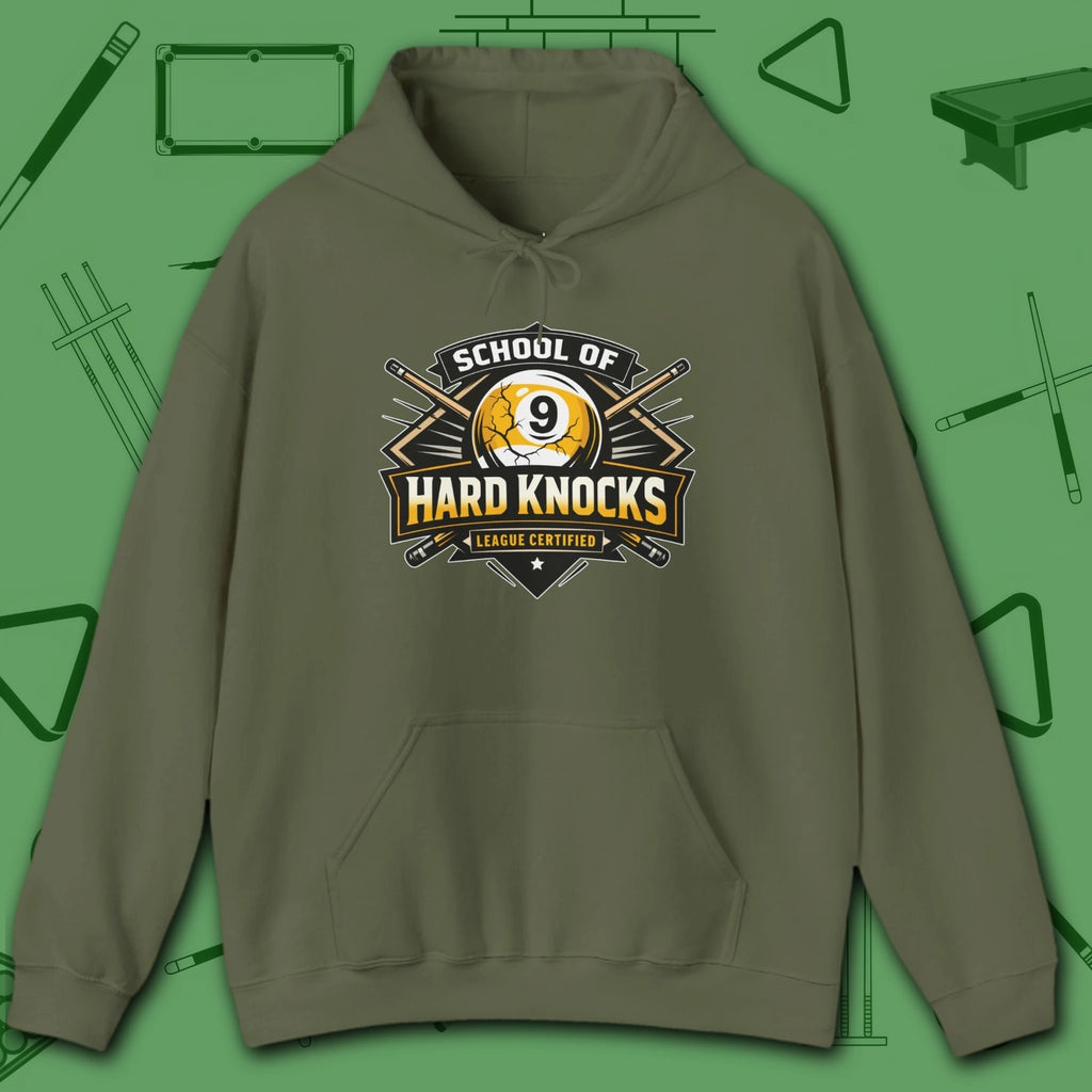School of Hard Knocks Hoodie, in Military Green color, billiards hoodie, front view