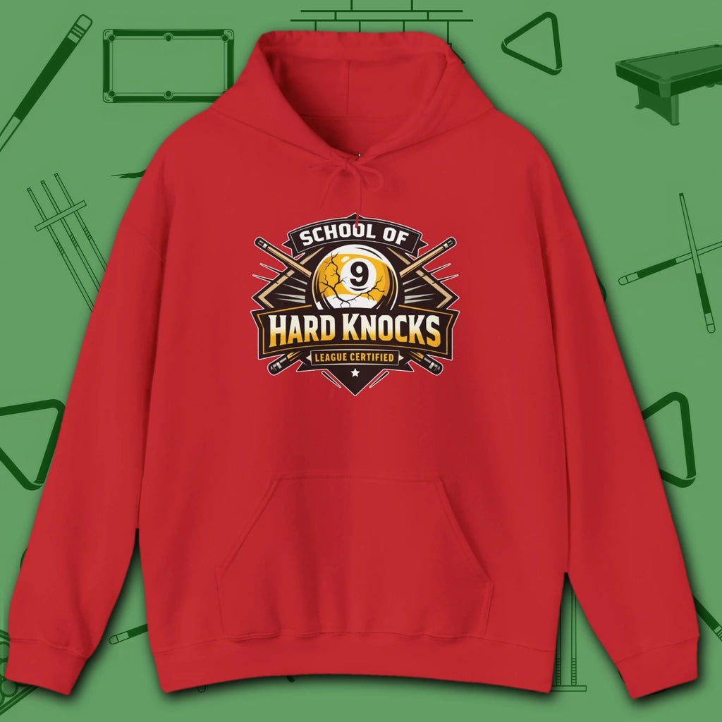School of Hard Knocks Hoodie, in Red color, billiards hoodie, front view
