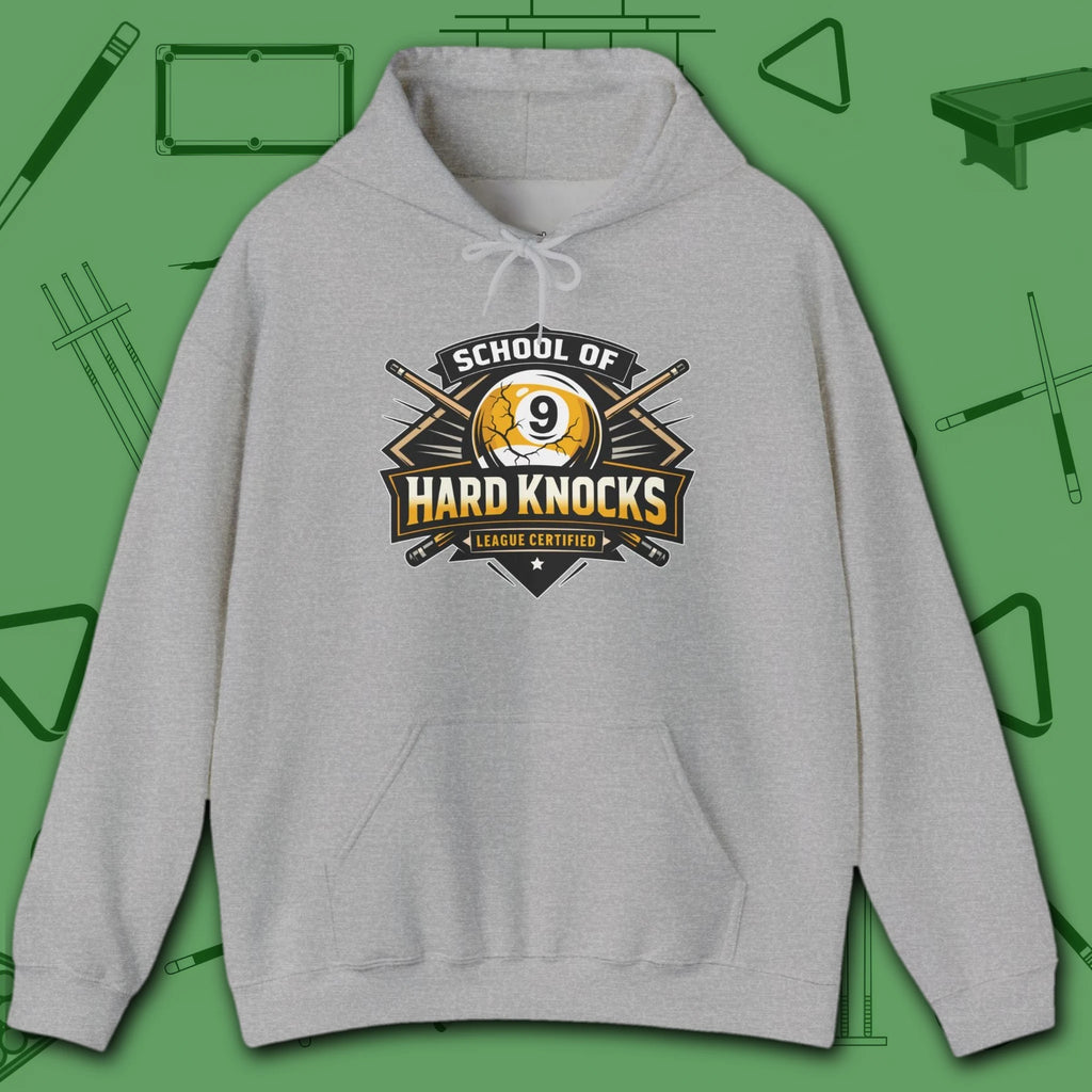 School of Hard Knocks Hoodie, in Sport Grey color, billiards hoodie, front view