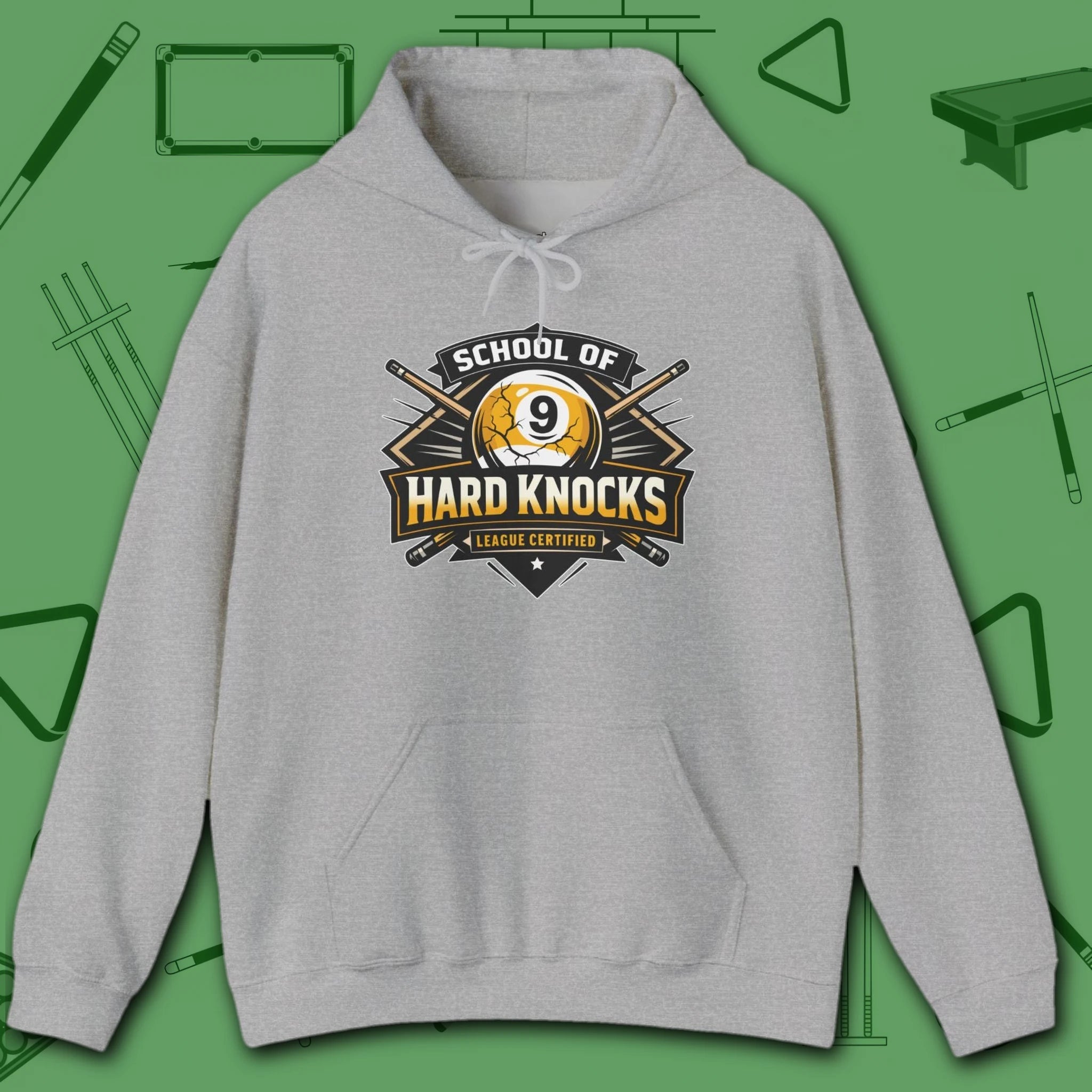 School of Hard Knocks Hoodie, in Sport Grey color, billiards hoodie, front view