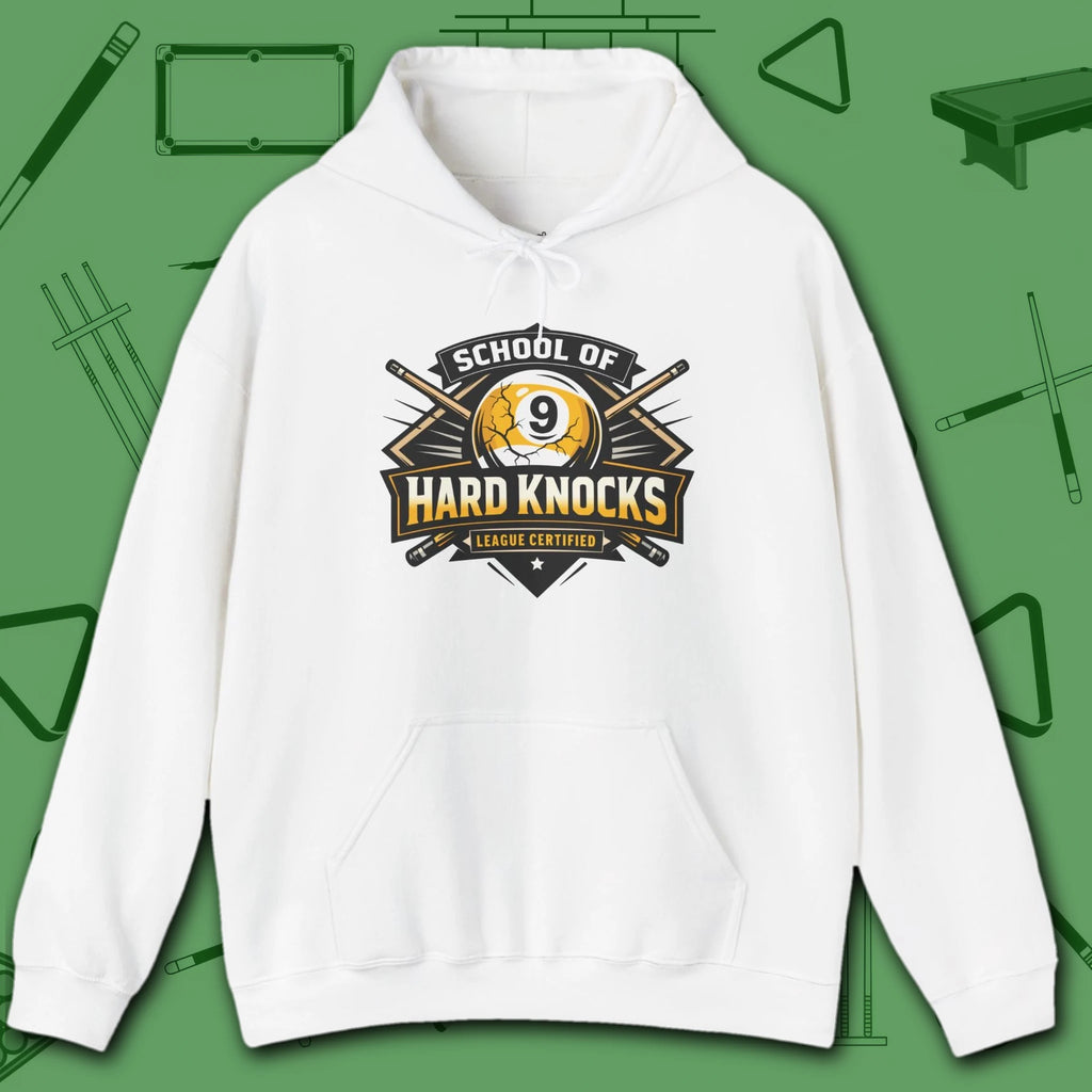 School of Hard Knocks Hoodie, in White color, billiards hoodie, front view