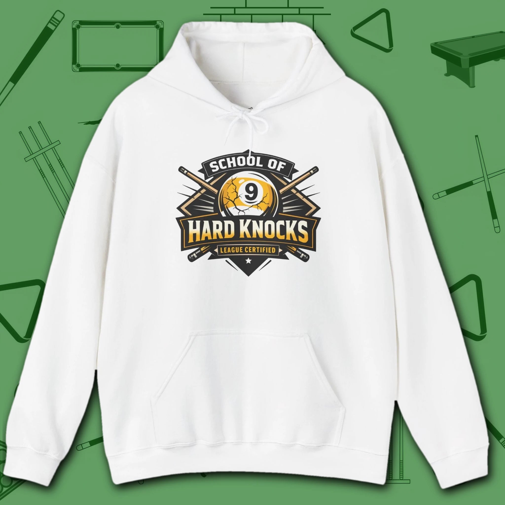 School of Hard Knocks Hoodie, in White color, billiards hoodie, front view