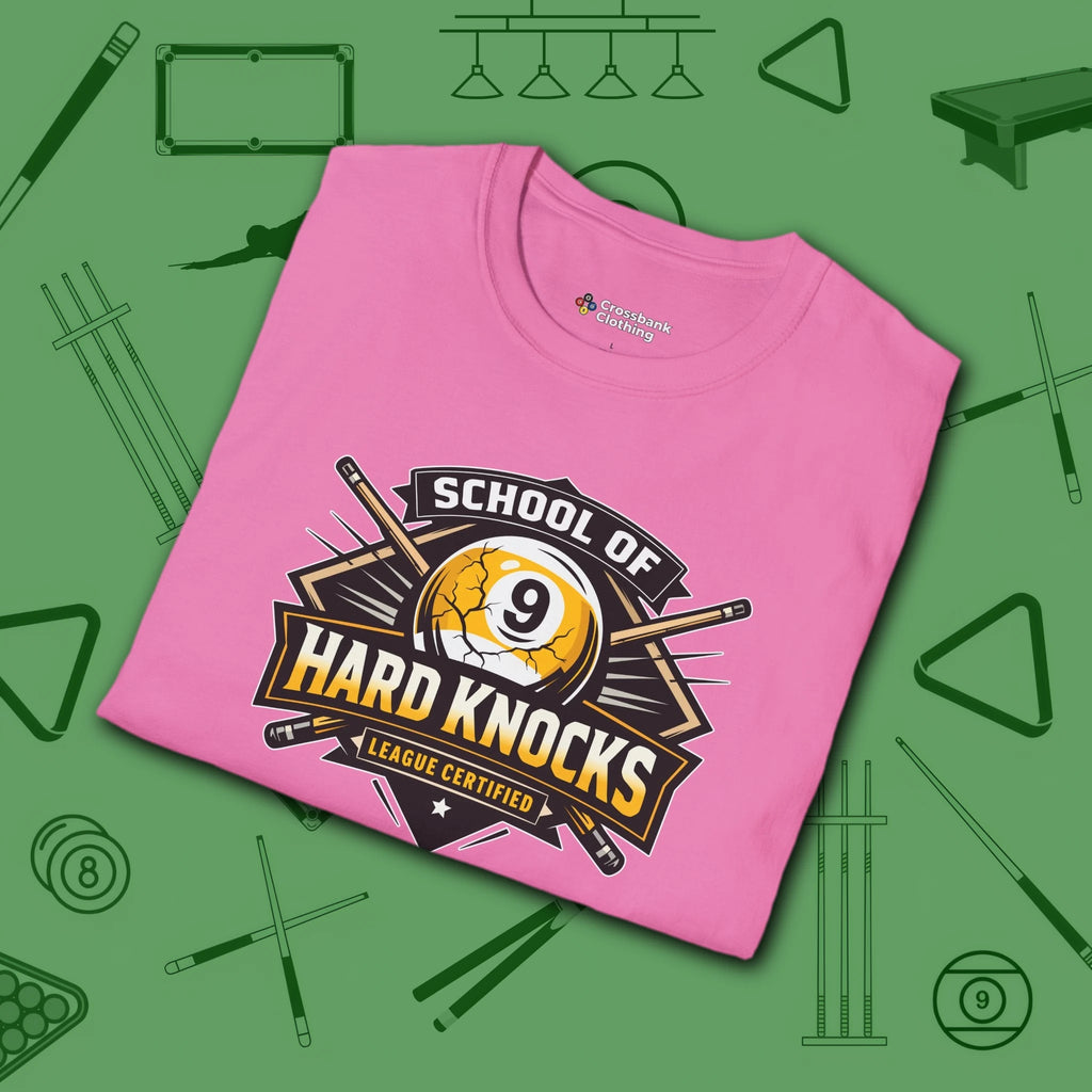 School of Hard Knocks T-Shirt, in Azalea color, billiards shirt, folded view