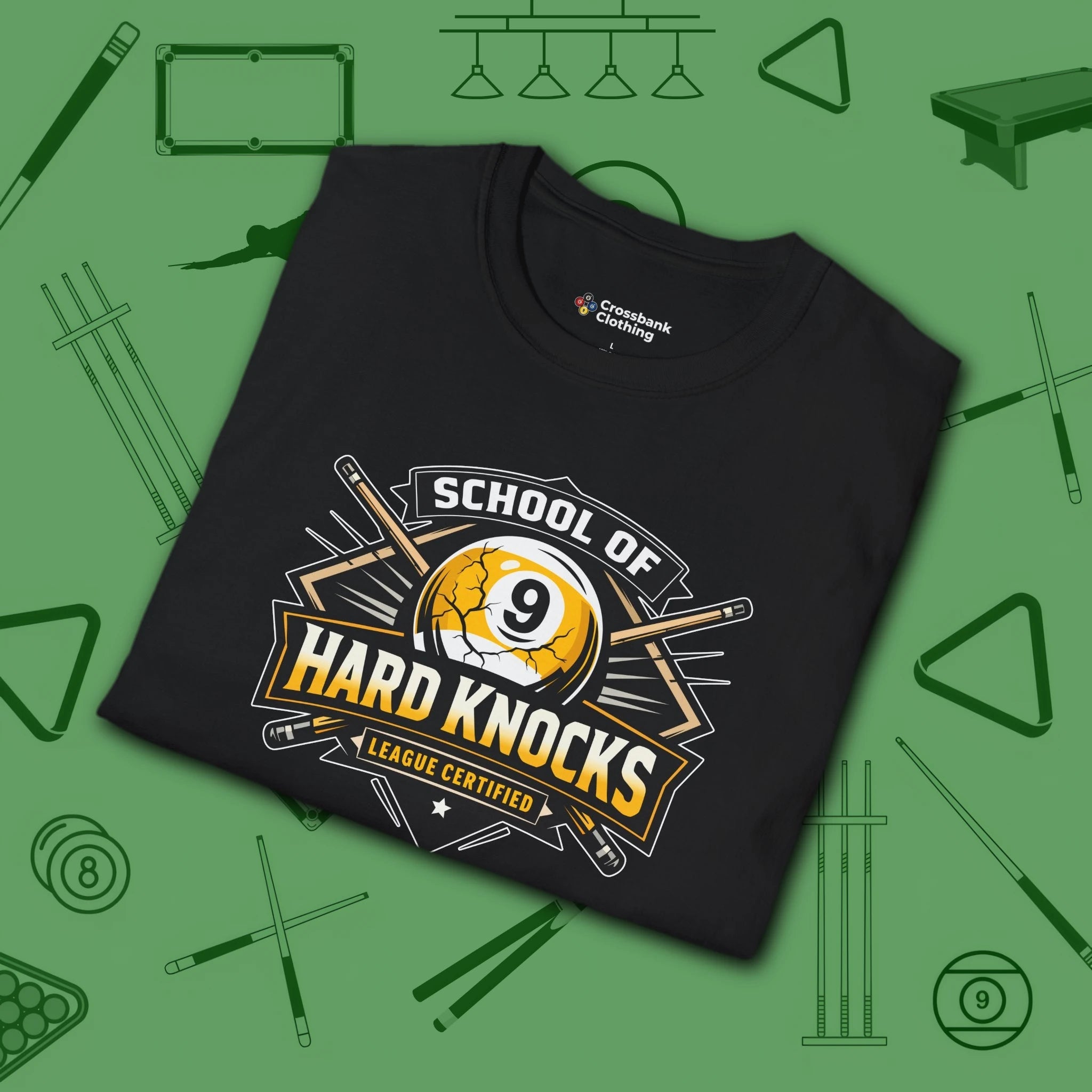 School of Hard Knocks T-Shirt, in Black color, billiards shirt, folded view