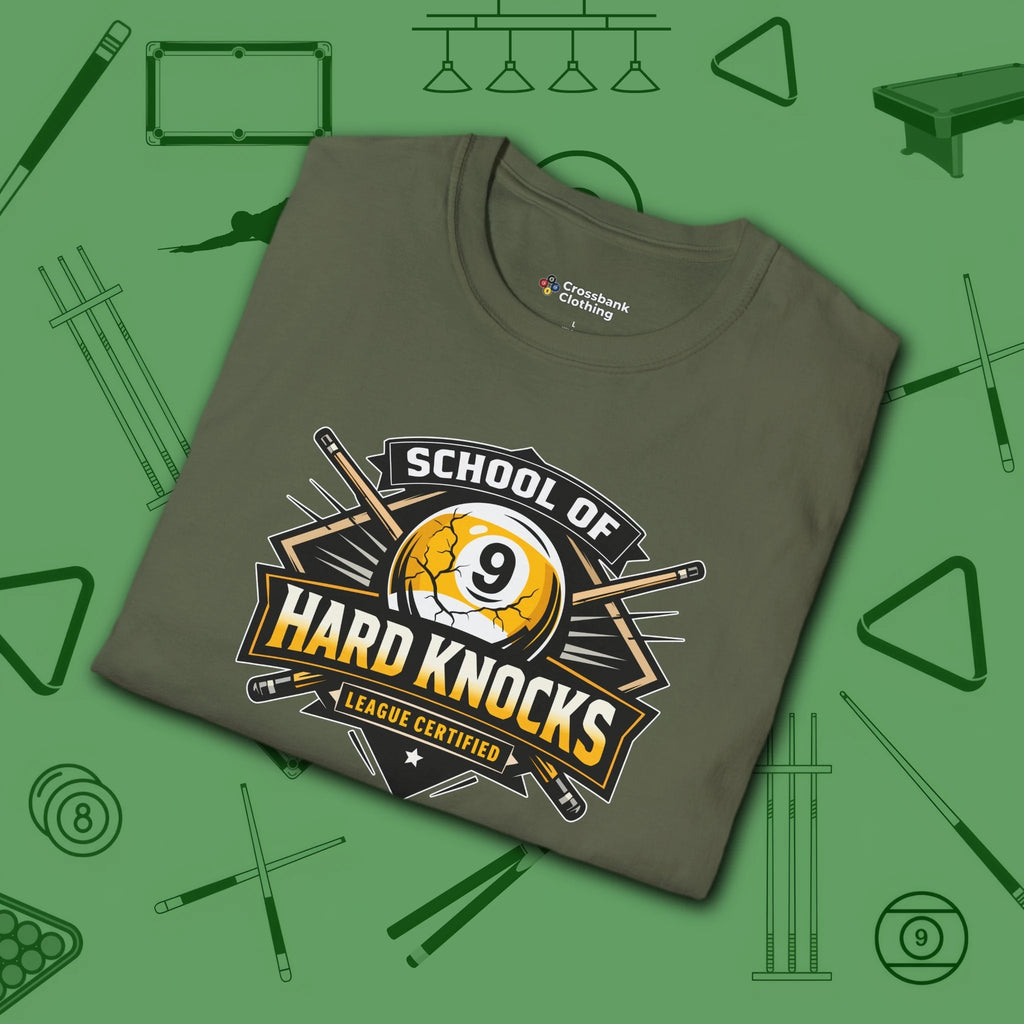 School of Hard Knocks T-Shirt, in Military Green color, billiards shirt, folded view