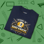 School of Hard Knocks T-Shirt, in Navy color, billiards shirt, folded view