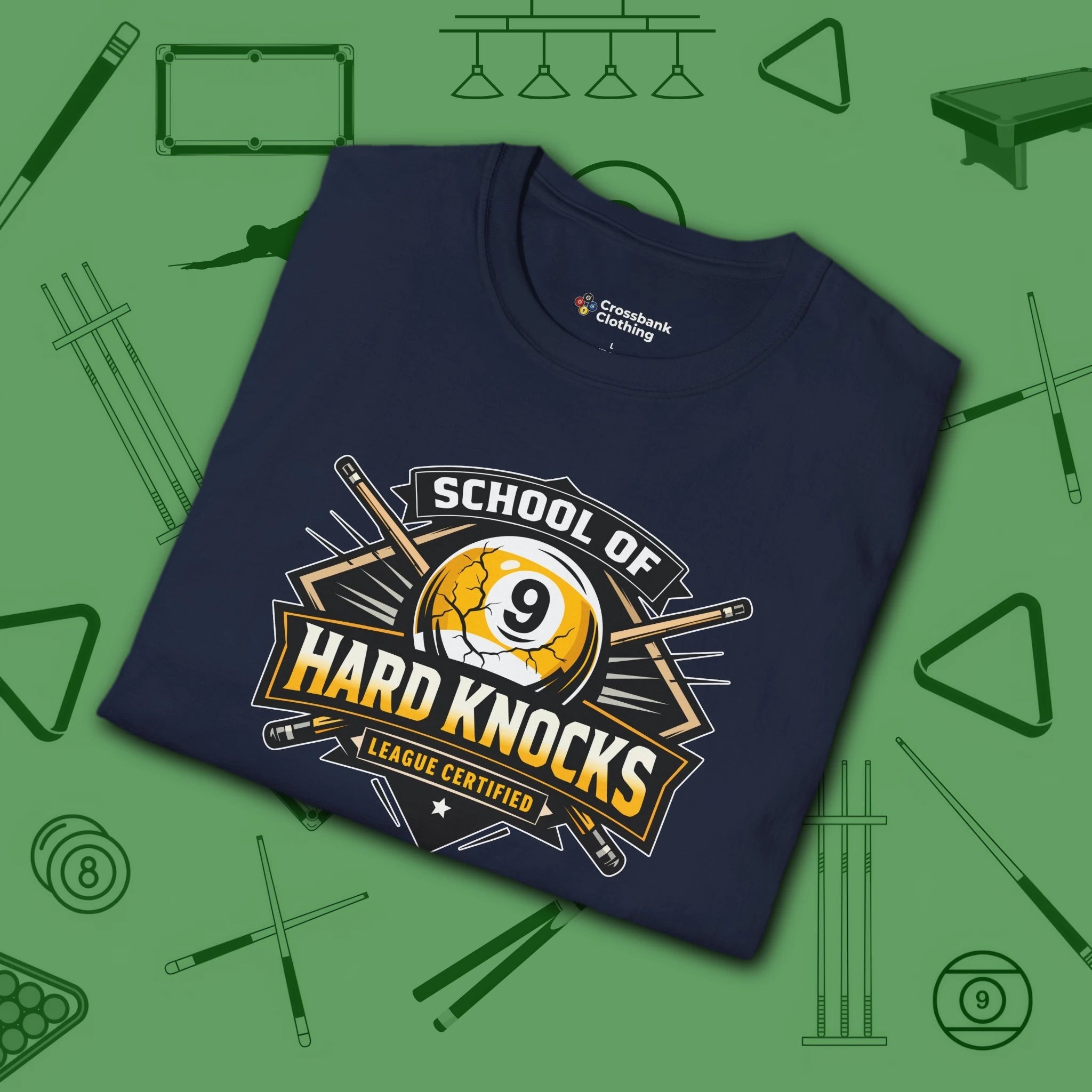School of Hard Knocks T-Shirt, in Navy color, billiards shirt, folded view
