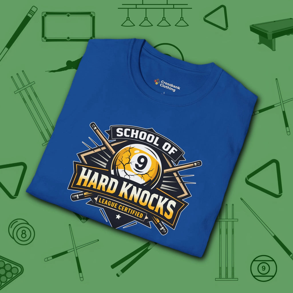 School of Hard Knocks T-Shirt, in Royal color, billiards shirt, folded view