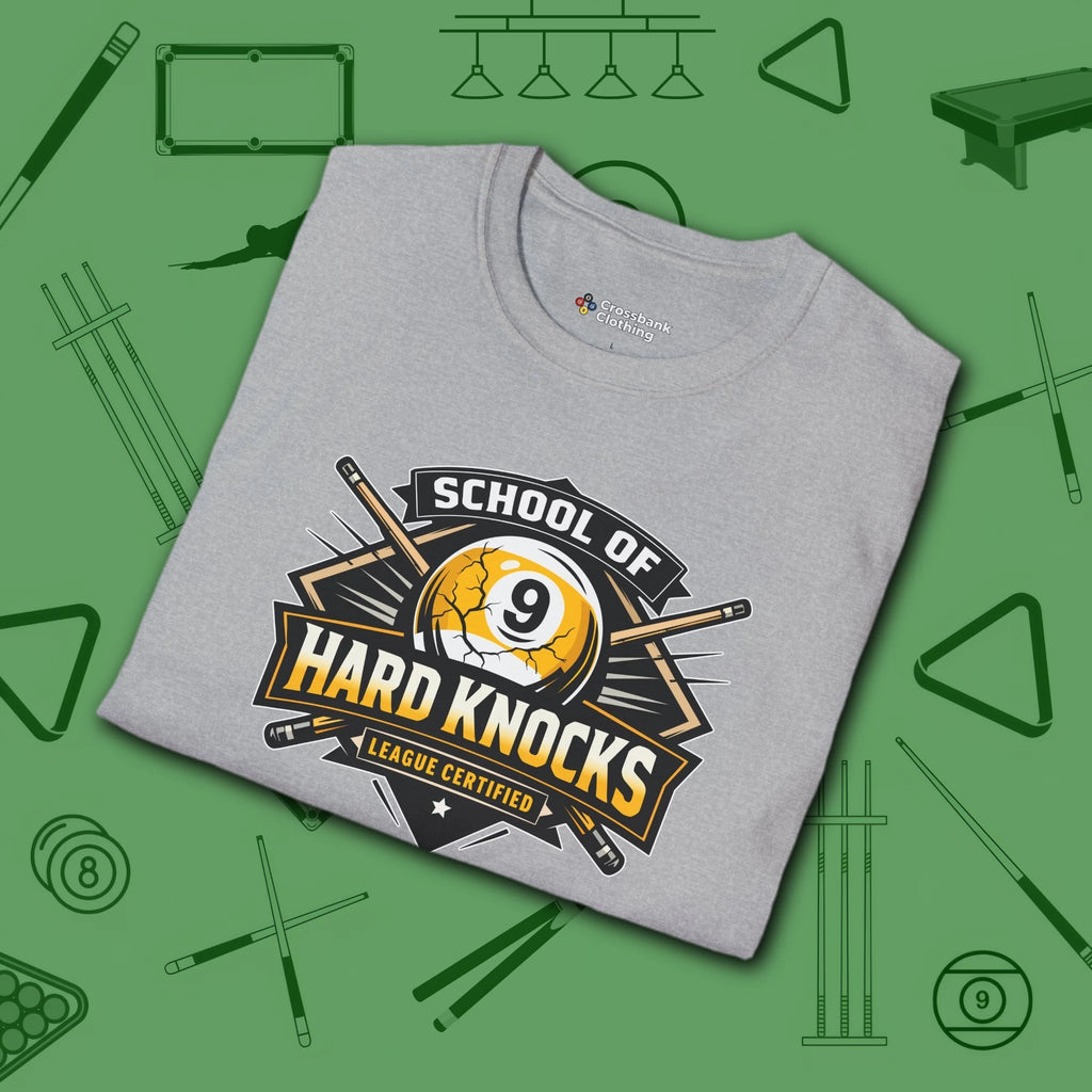 School of Hard Knocks T-Shirt, in Sport Grey color, billiards shirt, folded view