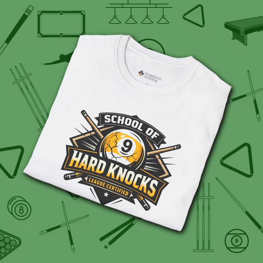 School of Hard Knocks T-Shirt, in White color, billiards shirt, folded view