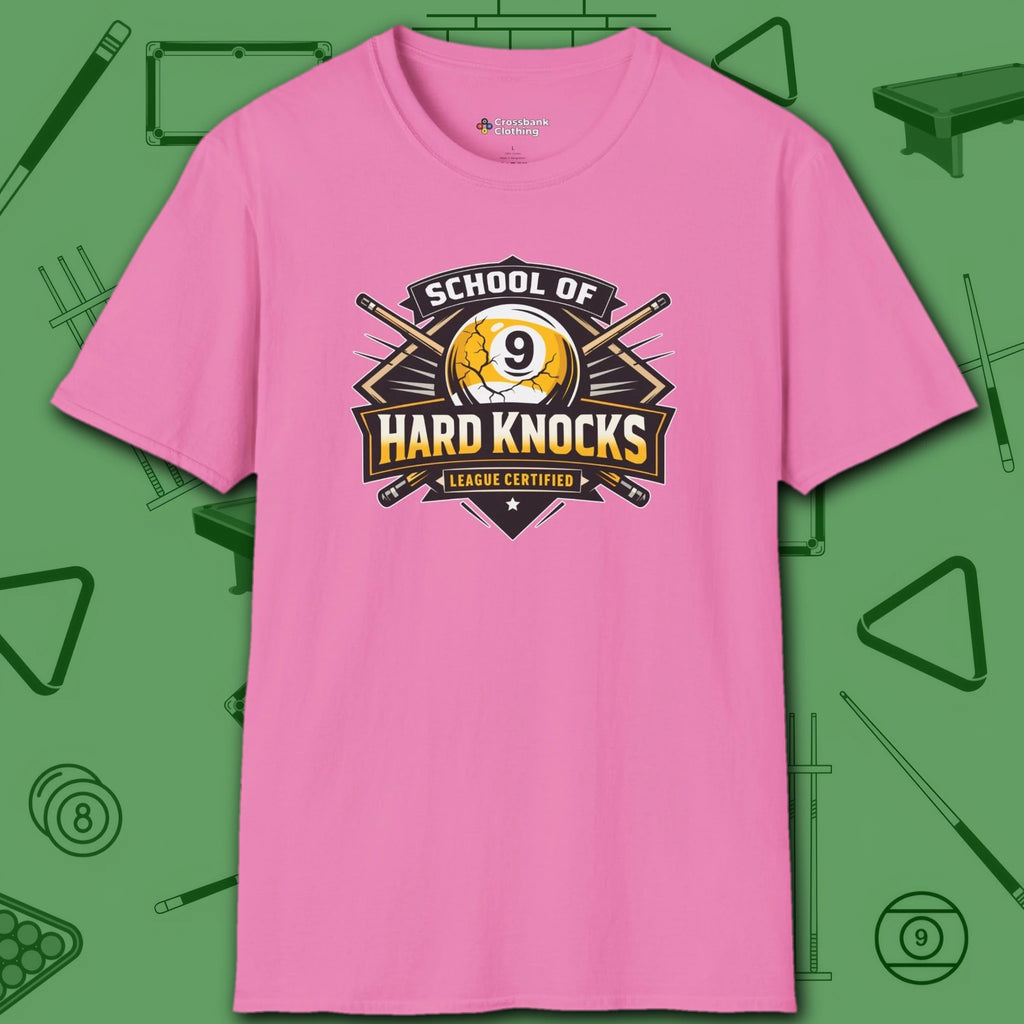 School of Hard Knocks T-Shirt, in Azalea color, billiards shirt, front view