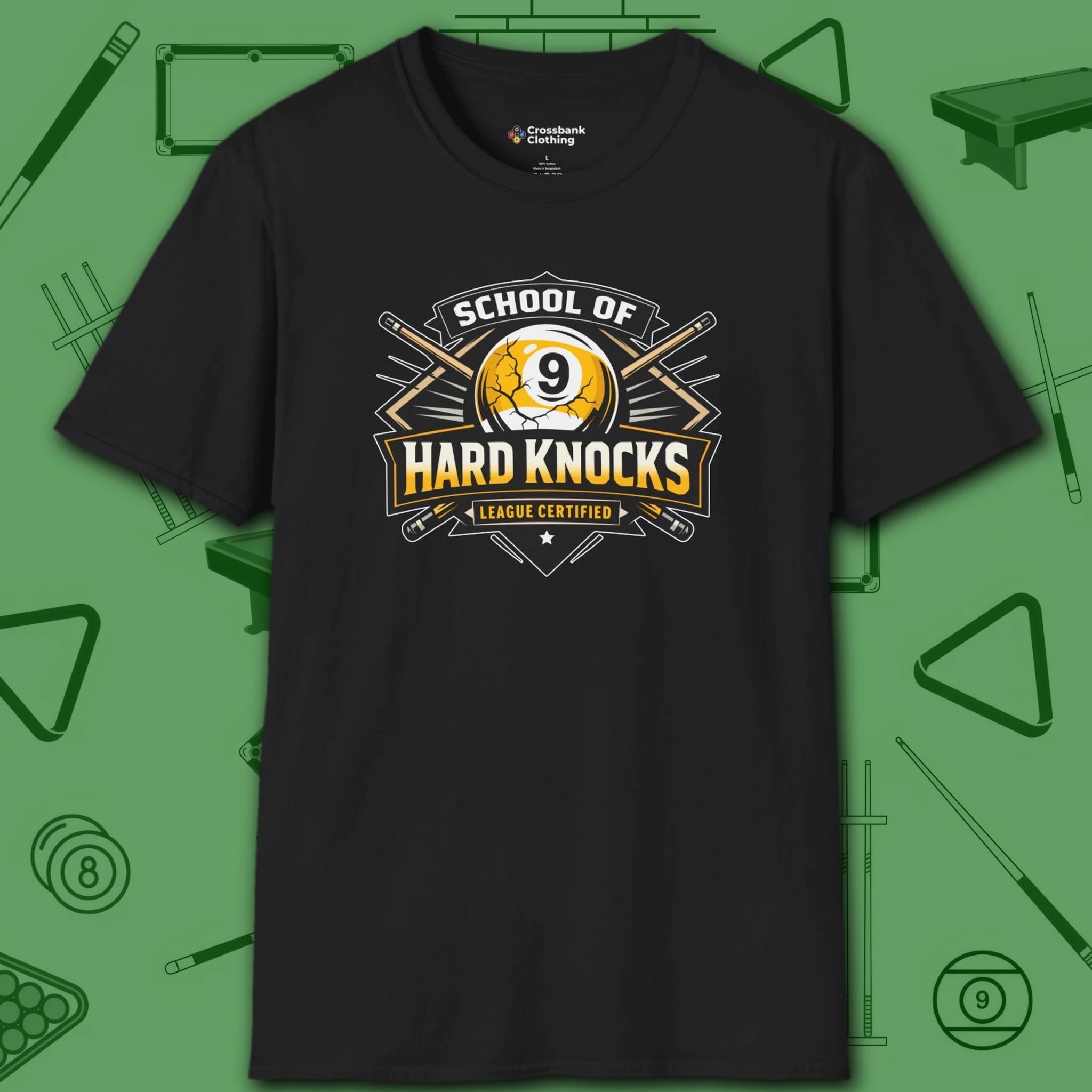 School of Hard Knocks T-Shirt, in Black color, billiards shirt, front view