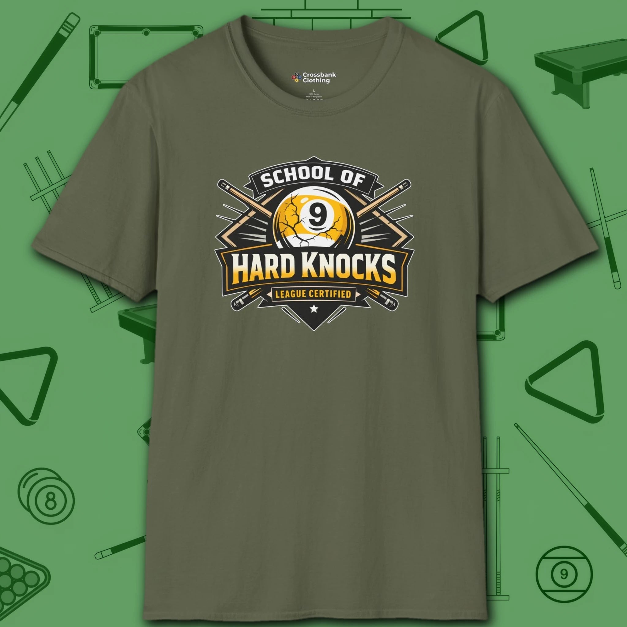 School of Hard Knocks T-Shirt, in Military Green color, billiards shirt, front view