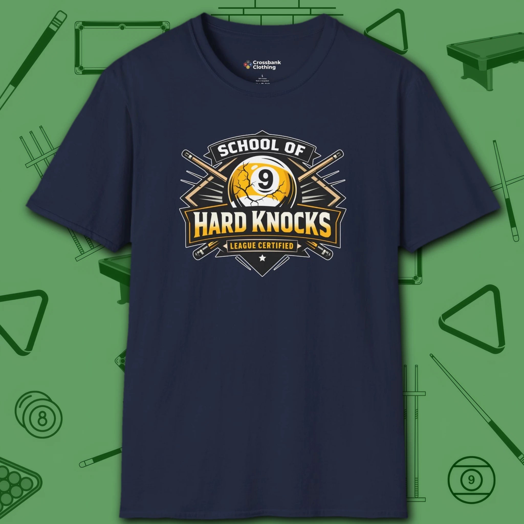 School of Hard Knocks T-Shirt, in Navy color, billiards shirt, front view
