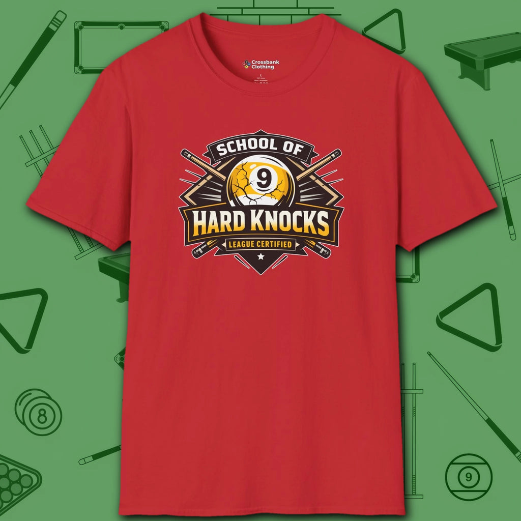 School of Hard Knocks T-Shirt, in Red color, billiards shirt, front view