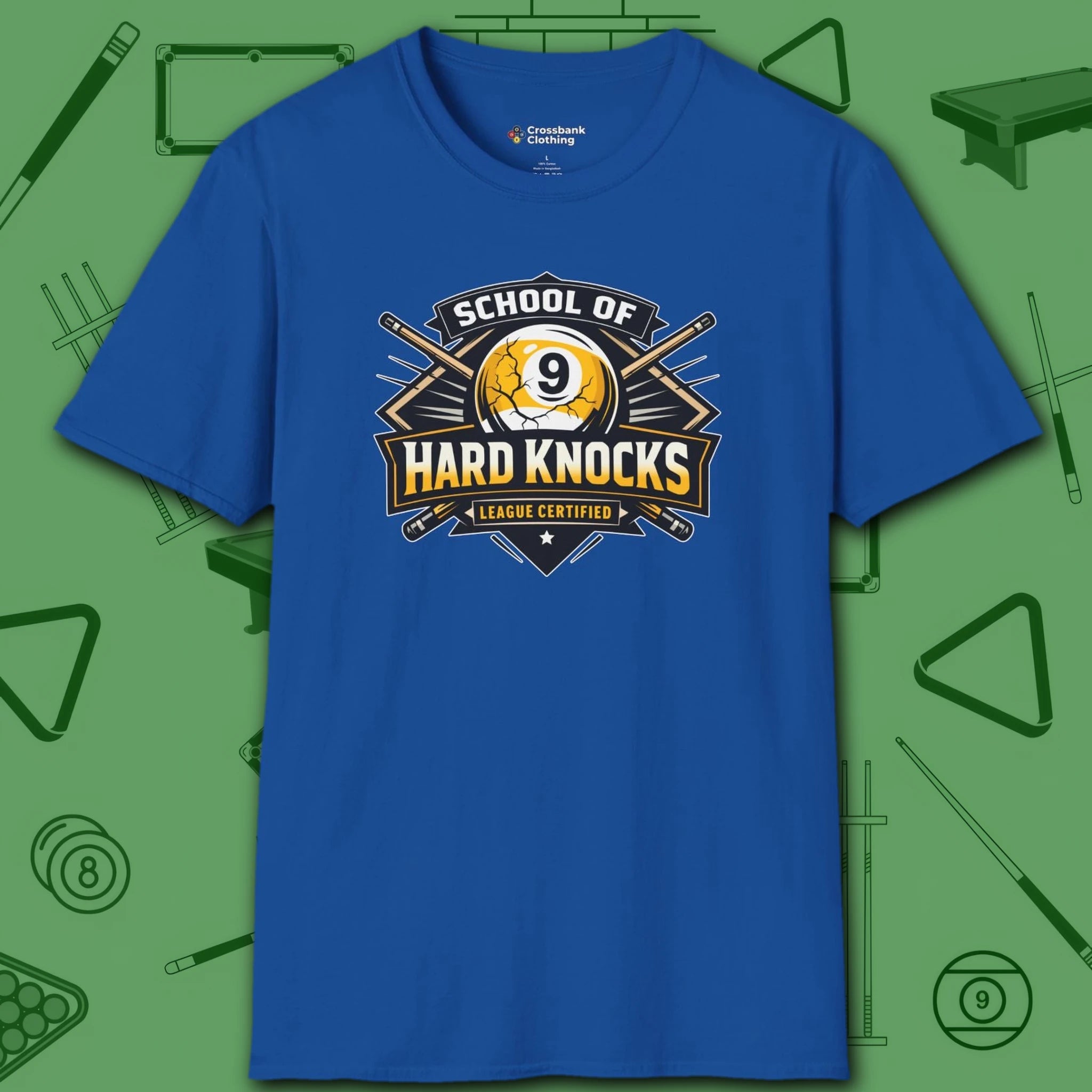 School of Hard Knocks T-Shirt, in Royal color, billiards shirt, front view