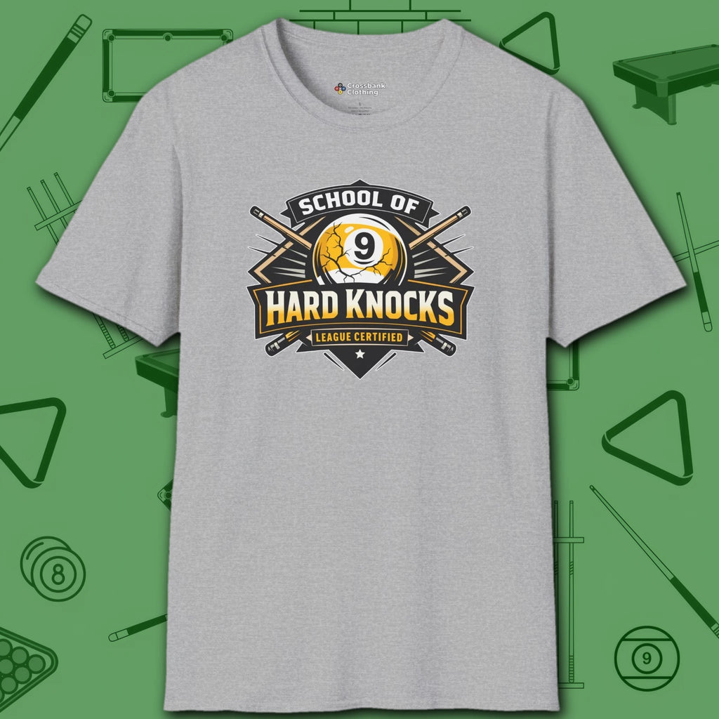 School of Hard Knocks T-Shirt, in Sport Grey color, billiards shirt, front view