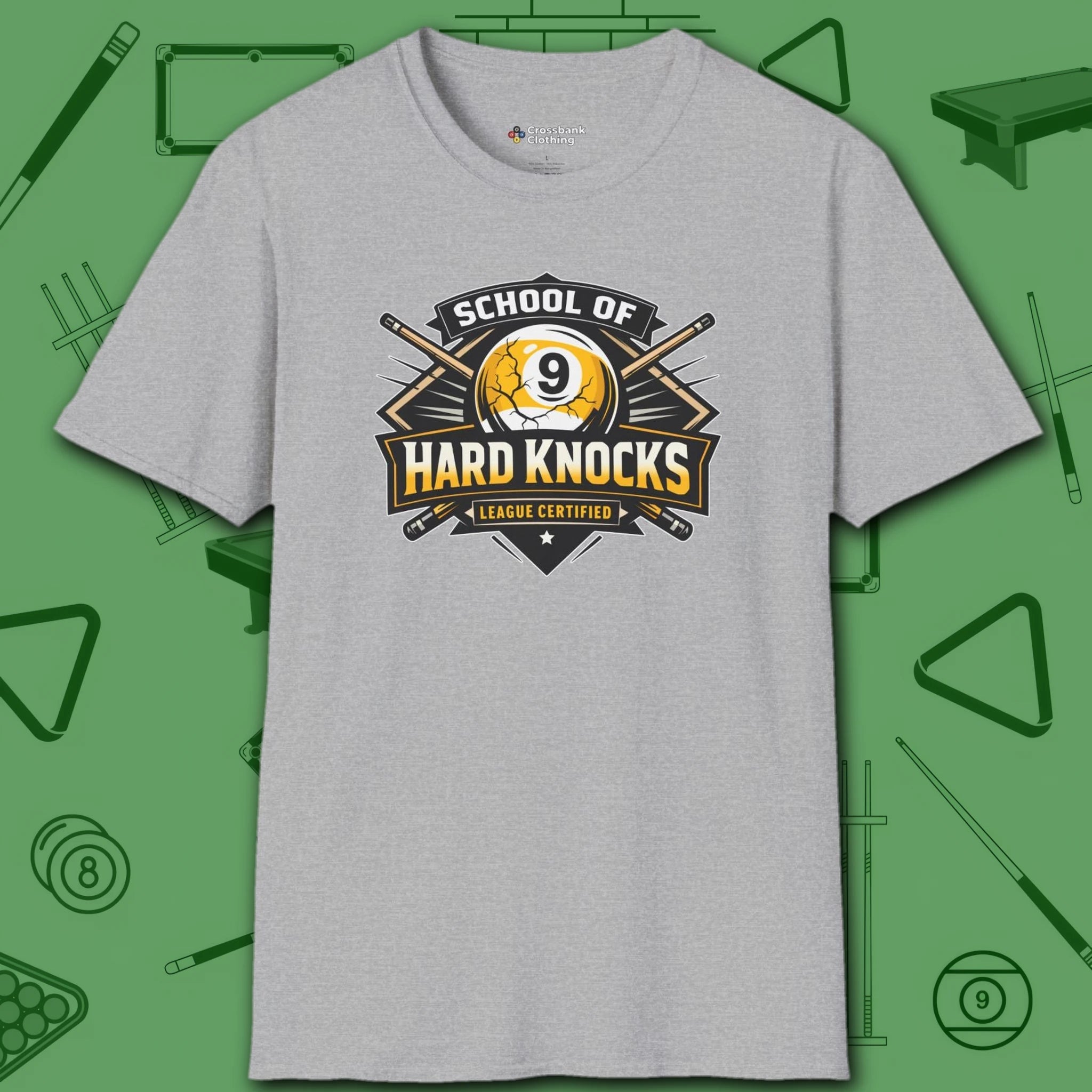 School of Hard Knocks T-Shirt, in Sport Grey color, billiards shirt, front view