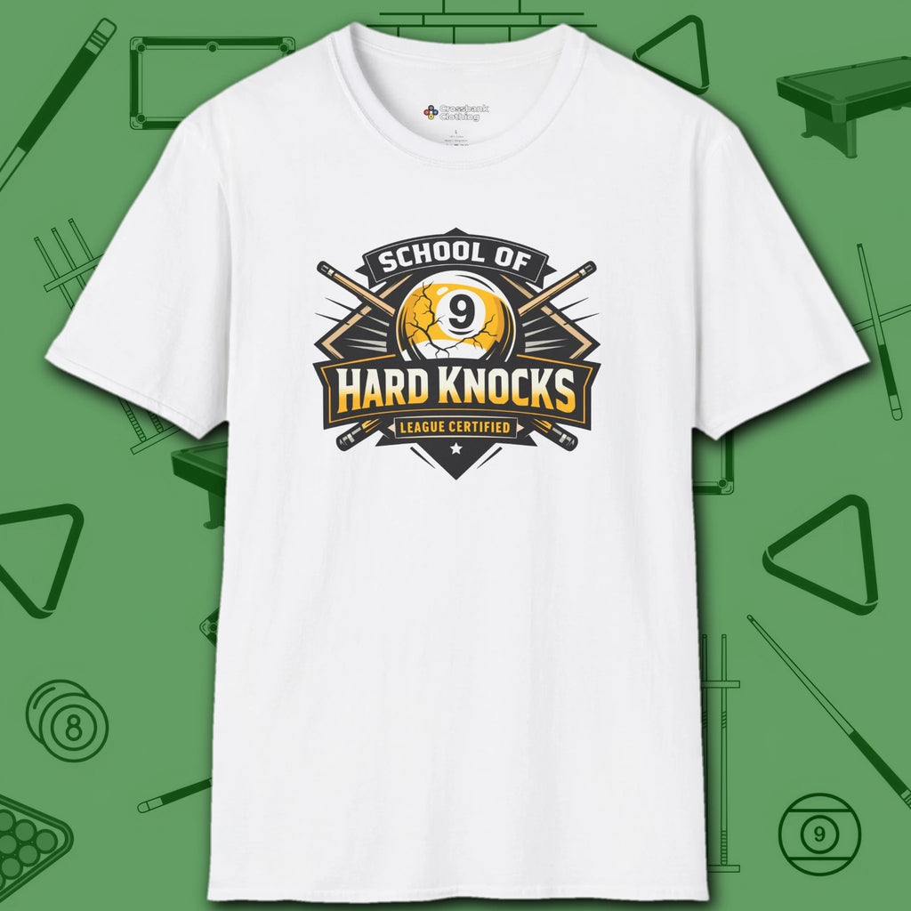 School of Hard Knocks T-Shirt, in White color, billiards shirt, front view
