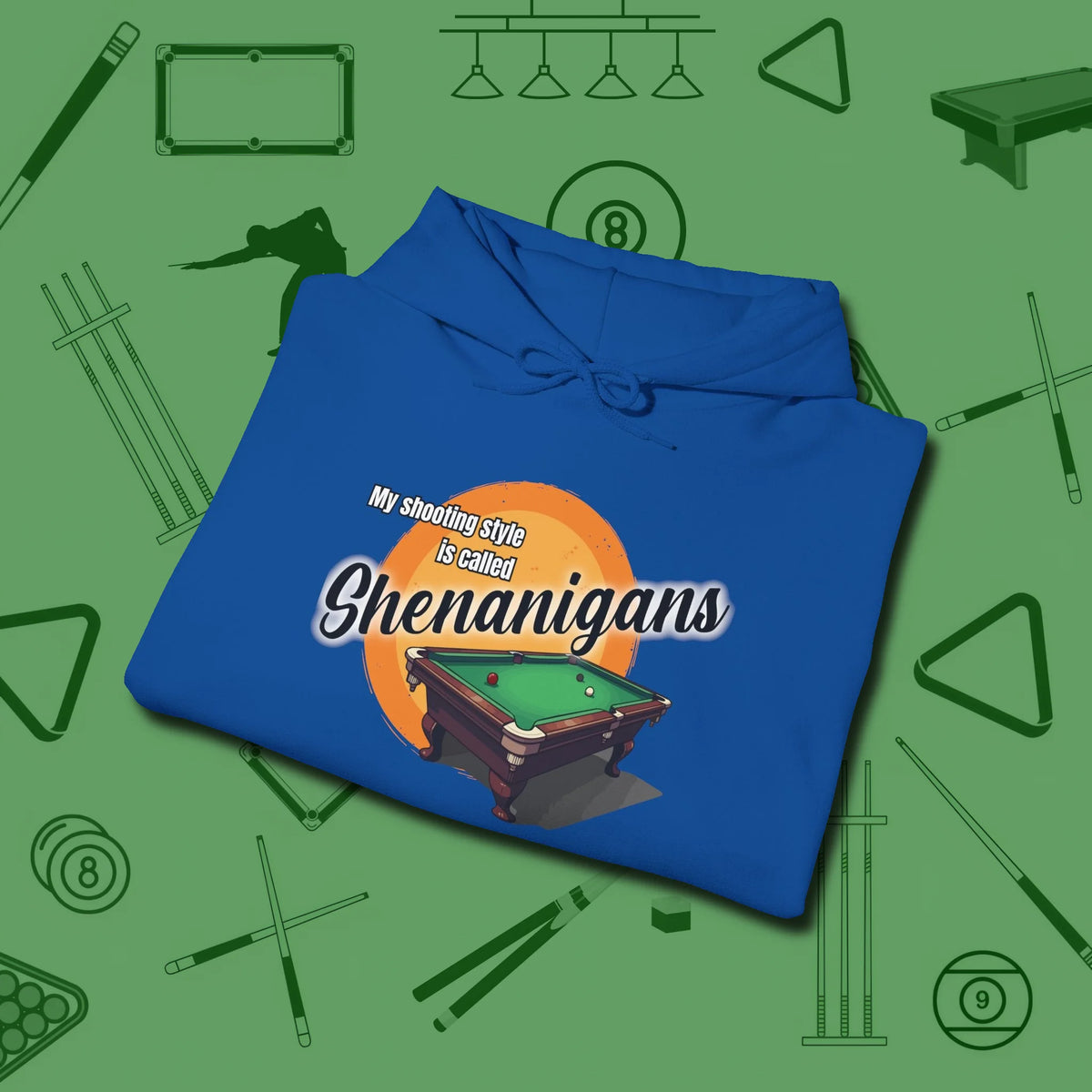 Shenanigans Style Hoodie, folded view, in Royal where style and cue discipline collide