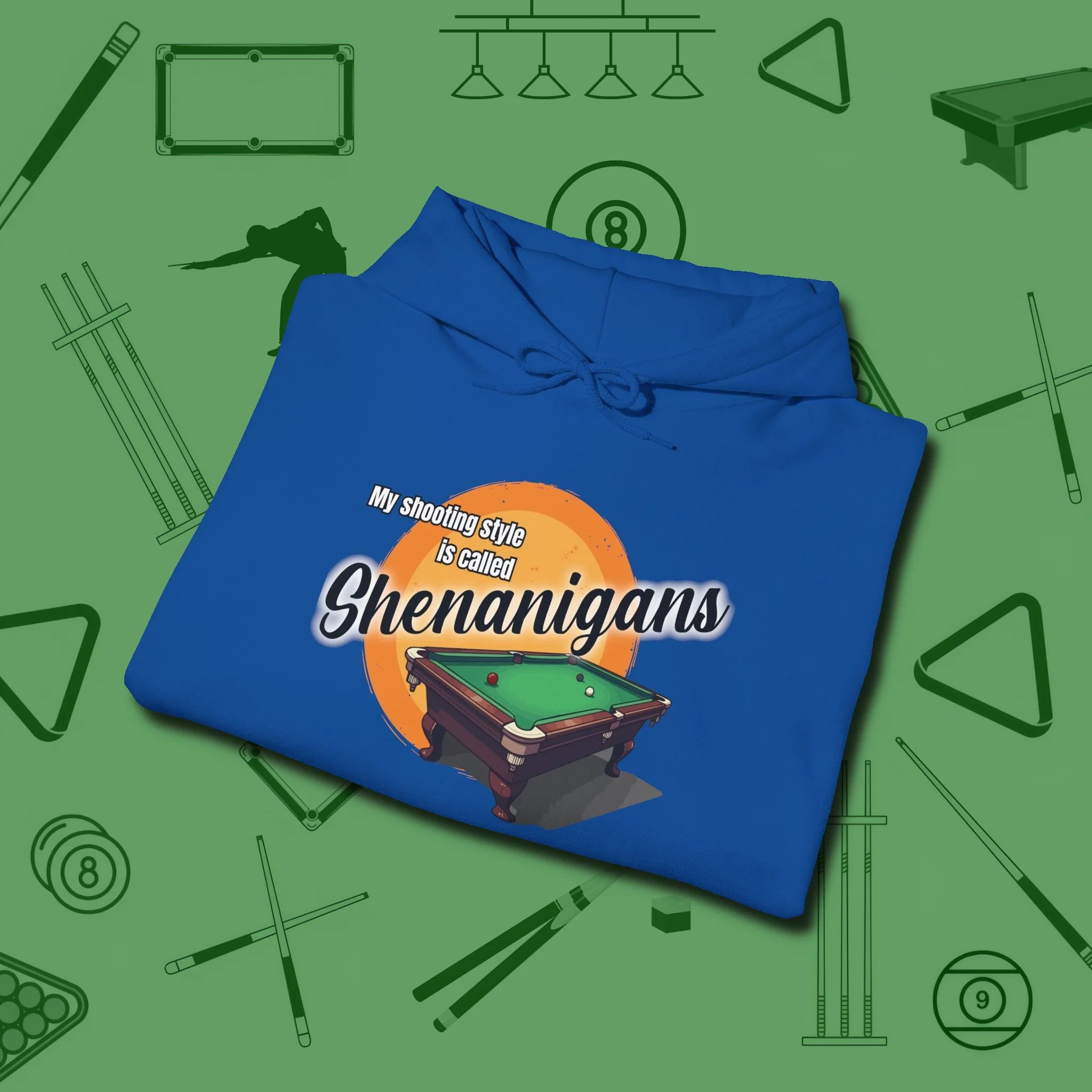Shenanigans Style Hoodie, folded view, in Royal where style and cue discipline collide