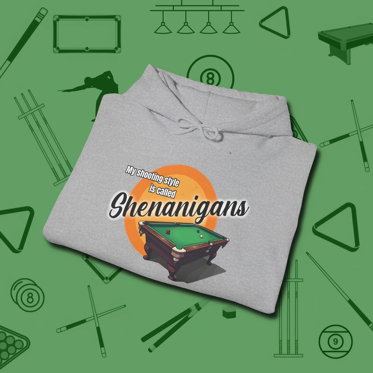 Shenanigans Style Hoodie, folded view, in Sport Grey classic cue style, no gimmicks