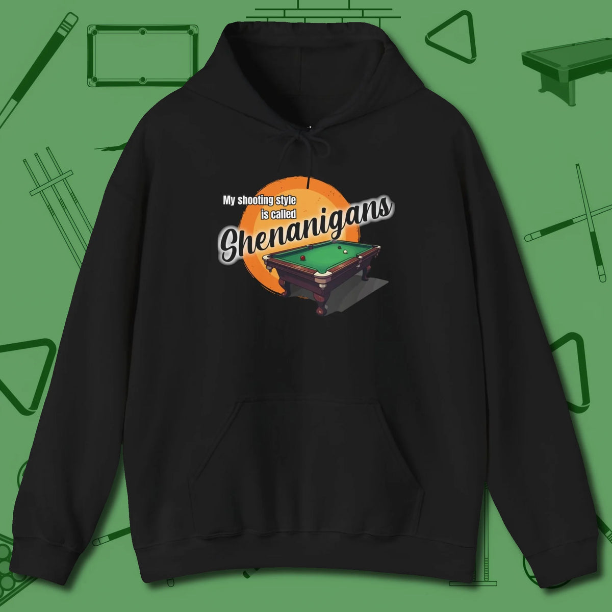 Shenanigans Style Hoodie, front view, in Black from chalk to clutch, look the part
