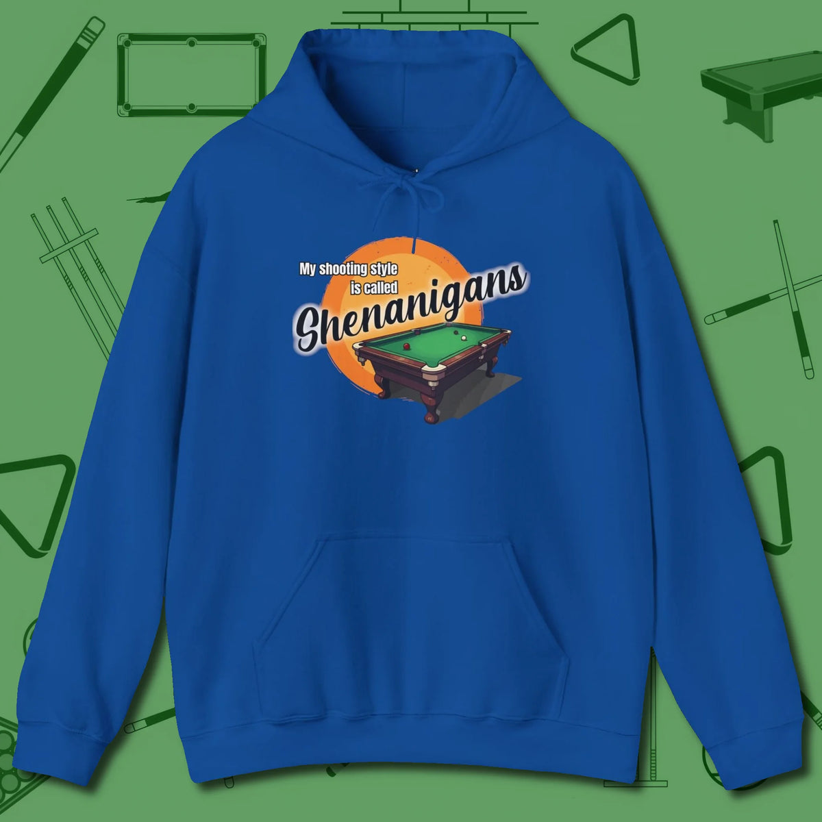 Shenanigans Style Hoodie, front view, in Royal for hustlers who keep it honest