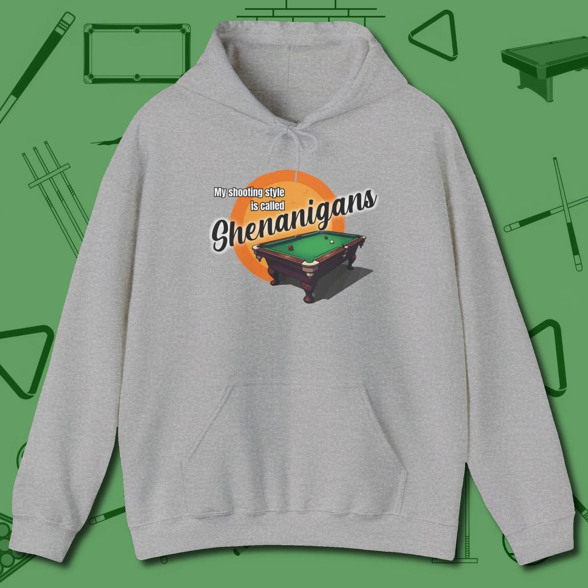 Shenanigans Style Hoodie, front view, in Sport Grey put your best game on display