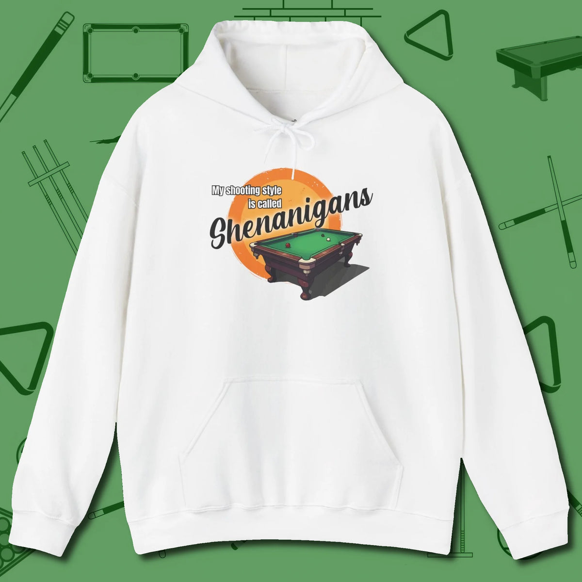 Shenanigans Style Hoodie, front view, in White style that banks as hard as you do