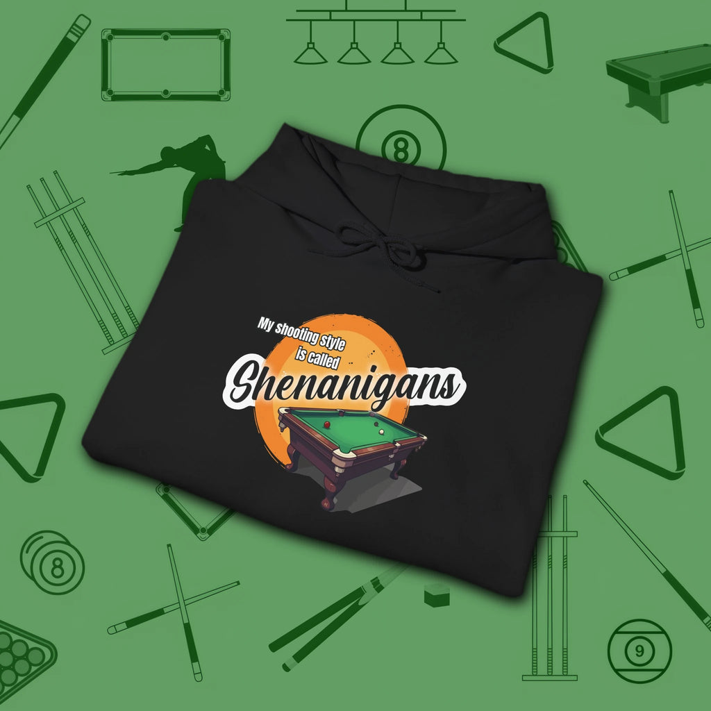 Shenanigans Style Pool Hoodie, in Black color, billiards hoodie, folded view