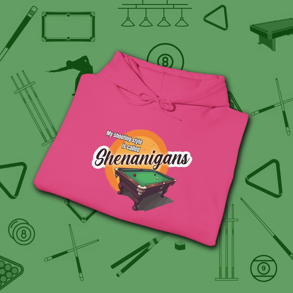 Shenanigans Style Pool Hoodie, in Heliconia color, billiards hoodie, folded view