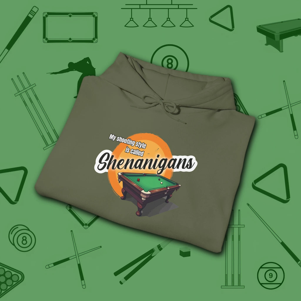 Shenanigans Style Pool Hoodie, in Military Green color, billiards hoodie, folded view