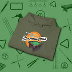 Shenanigans Style Pool Hoodie, in Military Green color, billiards hoodie, folded view