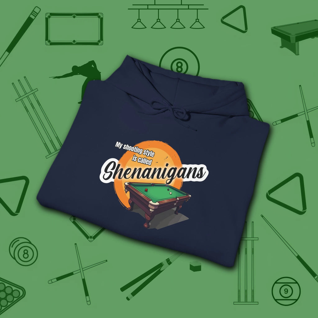 Shenanigans Style Pool Hoodie, in Navy color, billiards hoodie, folded view