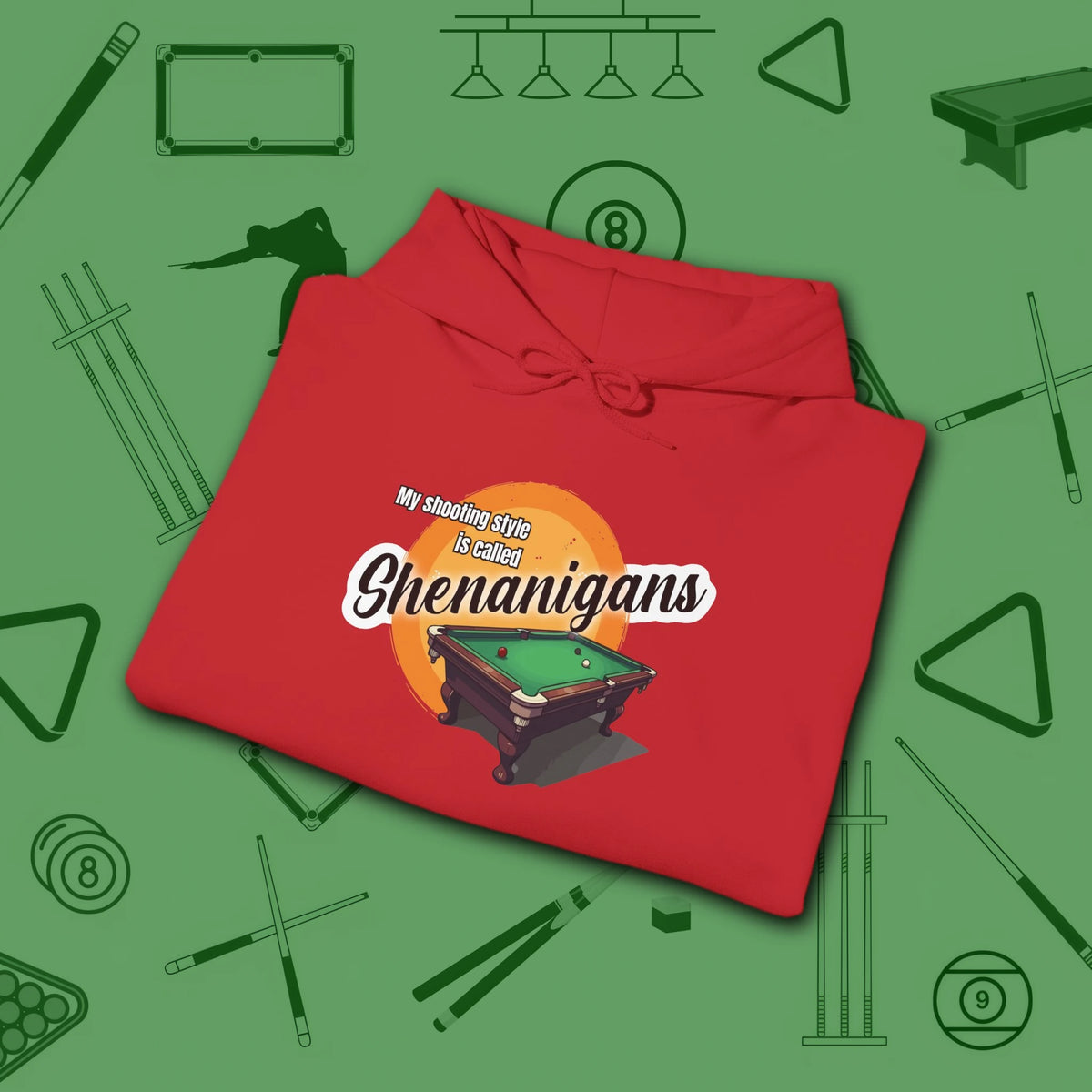 Shenanigans Style Pool Hoodie, in Red color, billiards hoodie, folded view