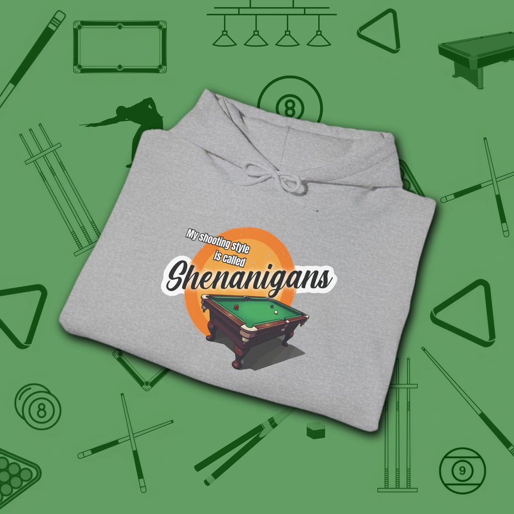 Shenanigans Style Pool Hoodie, in Sport Grey color, billiards hoodie, folded view