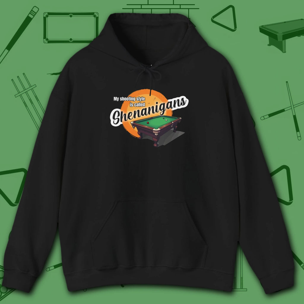 Shenanigans Style Pool Hoodie, in Black color, billiards hoodie, front view