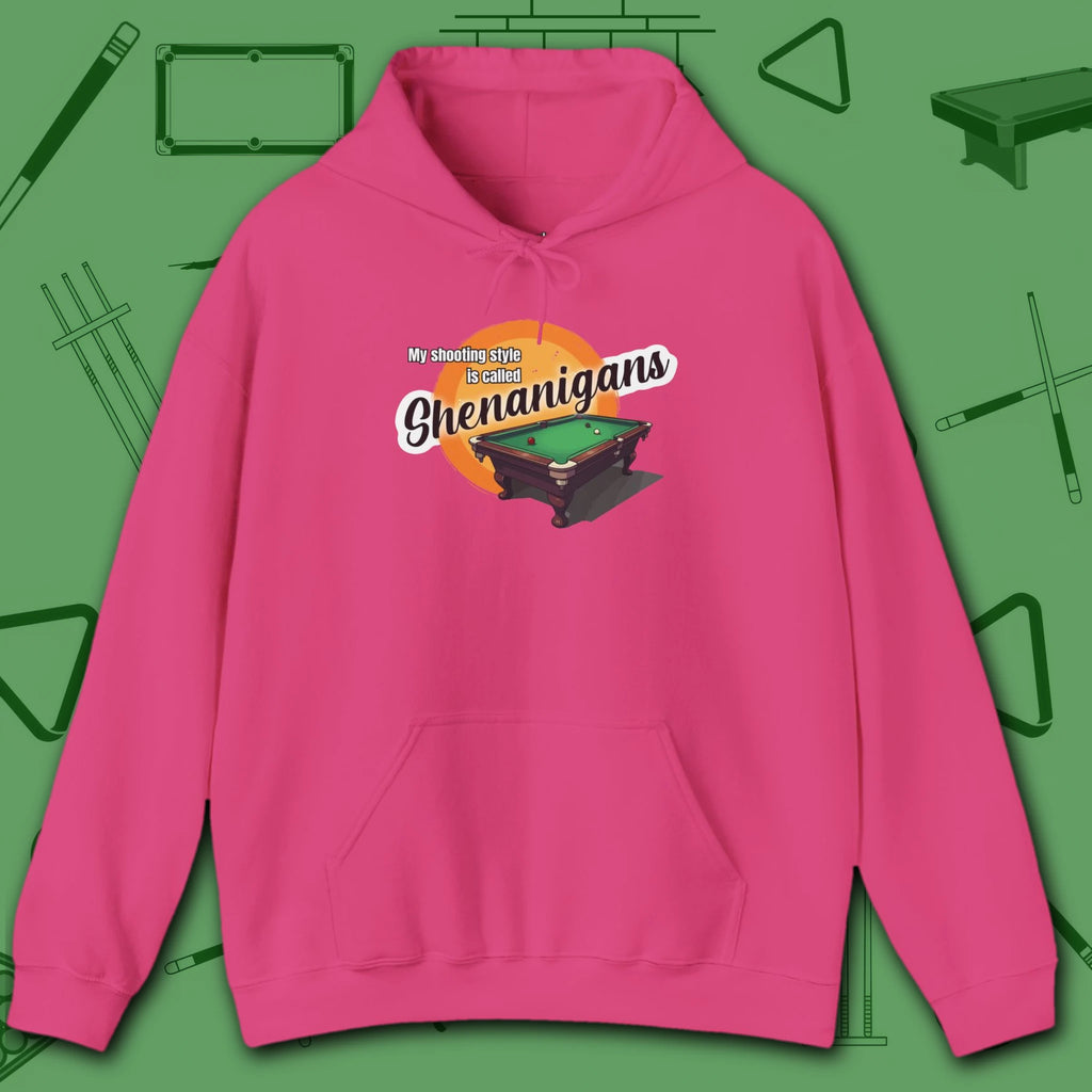Shenanigans Style Pool Hoodie, in Heliconia color, billiards hoodie, front view