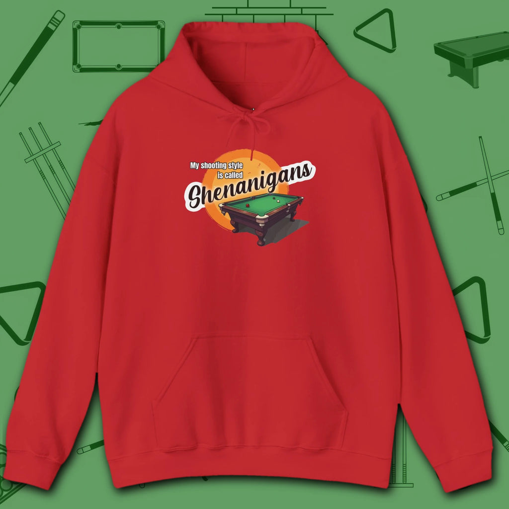 Shenanigans Style Pool Hoodie, in Red color, billiards hoodie, front view