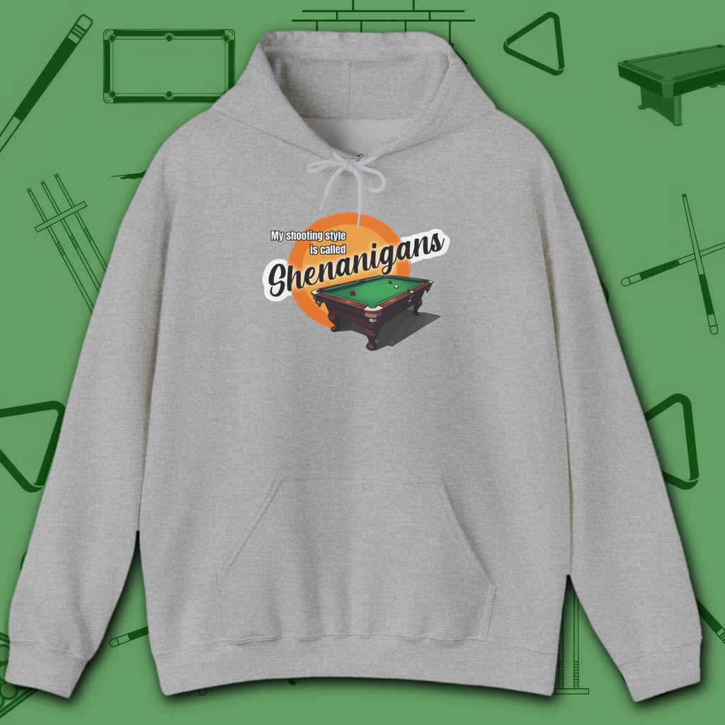 Shenanigans Style Pool Hoodie, in Sport Grey color, billiards hoodie, front view